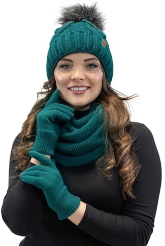 VIVISENCE Damen Winter Set Bommelmütze Loop Schal Handschuhe Warm Elegant