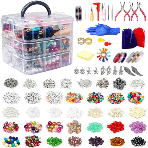 Prettme 2182Pcs Jewellery Making Kit with Organizer Box, Bracelet Making Repair Supplies Kit - Assorted Beads, Jewelry Pliers, Findings and Charms for Bracelets, Necklaces, Earrings, Crafts, Gifts