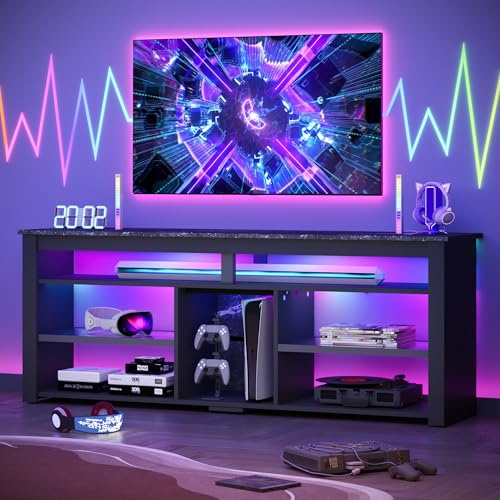 Bestier TV Stand for 70 inch TV, Tall Entertainment Center with 2 Led Lights, Gaming TV Console with Storage for PS5, Modern TV Cabinet for Bedroom, Living Room, Black Marble