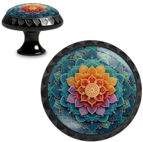 Yiruhe 4 Pack Colorful Mandala Design Kitchen Cabinet Knobs Crystal Glass Round Drawer Pulls for Dresser Cupboard Door Handles