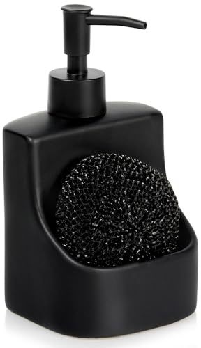 Vilde Distributeur de liquide vaisselle en céramique 400 ml noir mat - Distributeur de savon de cuisine avec porte-éponge - Distributeur de liquide vaisselle avec étagère et éponge - Accessoire de
