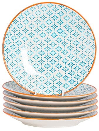 Nicola Spring Hand-Printed Side Plates - 18cm - Blue - Pack of 6 - Porcelain Decorative Patterned Dining Dish Plates for Snacks, Starters, Dinner, Dessert
