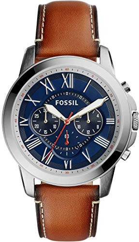 Fossil Grant uhr für Herren, Quarz-Chronographenwerk, mit Edelstahl- oder Lederarmband, Braun und Blau, 44MM