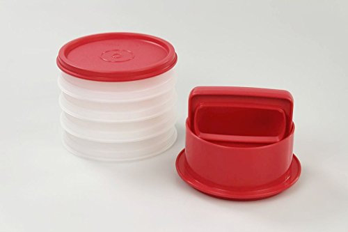 TUPPERWARE Utensilio de cocina para hacer hamburguesas, color rojo fresa + recipiente (4)
