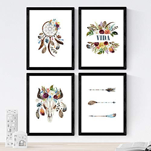 Nacnic ® - Set aus 4 Feder-Postern - Boho Stil - Dekorative Wandbilder - Moderne Wohnzimmer-Dekoration - A4 - Ohne Rahmen