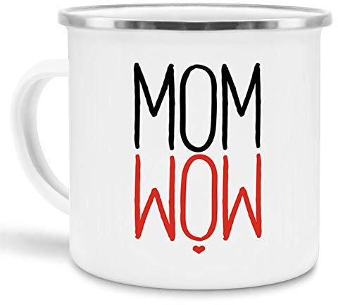 Tassendruck Muttertags-Tasse mit Spruch MOM gespiegelt Wow - Familie/Geschenk-Idee/Danke/Emaille klein