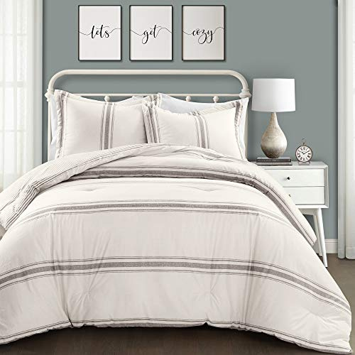 Lush Decor Stripe Reversible Cotton Comforter Set, Cozy Farmhouse Bedding Set, Full/Queen, Gray, 3 Piece Set