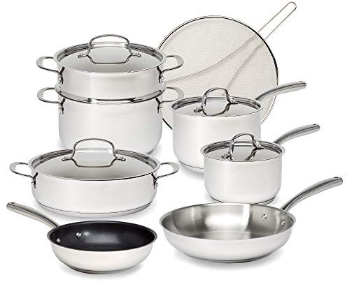 Goodful 12-Piece Classic Stainless Steel Cookware Set with Tri-Ply Base for Even Heating, Durable, Impact Bonded Pots and Pans, Dishwasher Safe Includes Non Stick Frying Pan, Chrome