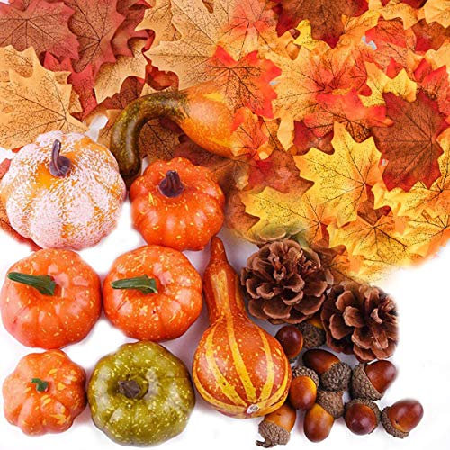 TheStriven 100 Pezzi Kit per Decorazioni Autunnali di Halloween Mini Zucca Autunnale Artificiale Mini Zucche Foglie d'Acero Ghiande Artificiali Pigne per Ringraziamento Autunno Raccolta Puntelli