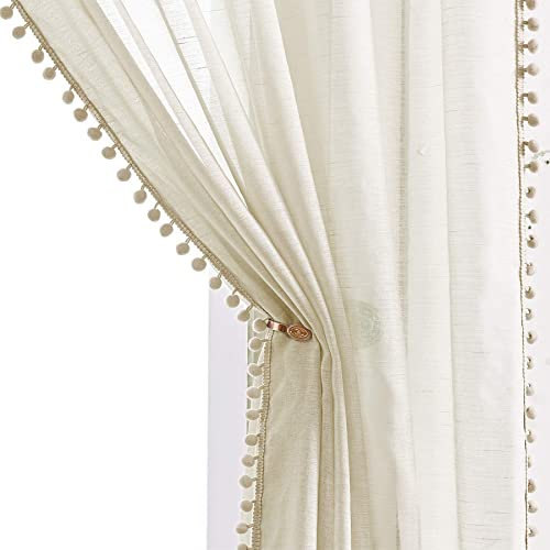 Pom Pom Linen Sheer Curtains for Living Room 72 Inch Decorative Pencil Pleat Tape Top Solid Curtains for Girls No See-Through Natural Slub Textured Voile Window Treatment Sets for Bedroom 52 W 2pcs