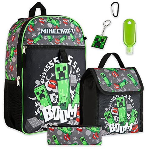 Minecraft Juego de Mochila Escolar para niños con Bolsa de Almuerzo y Estuche para lápices, Multicolor, Talla única, Juego de Mochila Escolar