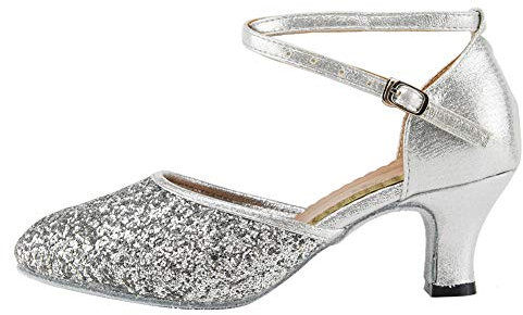 HIPPOSEUS Women's Latin Dance Shoes Silver Closed Toe with Sequins Modern Tango Ballroom Salsa Dance Practice Shoes 2 Heel,4.5 UK
