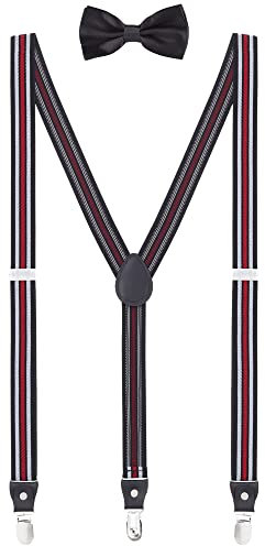 WANYING Herren Jugendliche 2,5cm Breit Y-Form 3 Clips Hosenträger & Fliege 2 in 1 Set Casual Business Party Hochzeit - Gestreift Weiß & Schwarz & Rot