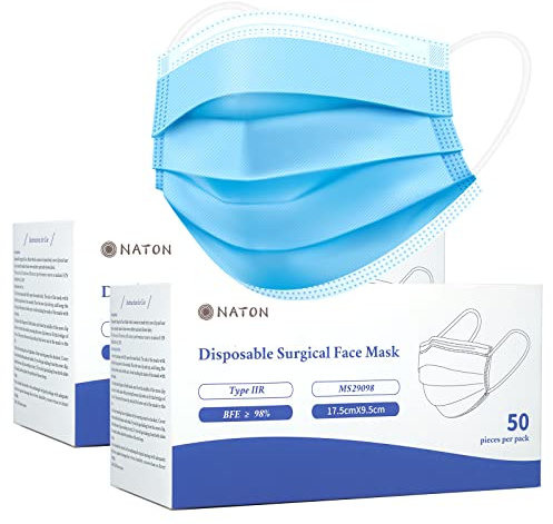 Naton Pack von 50 medizinische Einwegmasken - 3-Lagen blaue chirurgische Masken EN 14683, Typ IIR, CE-zertifiziert, Mund-Nasen-Maske