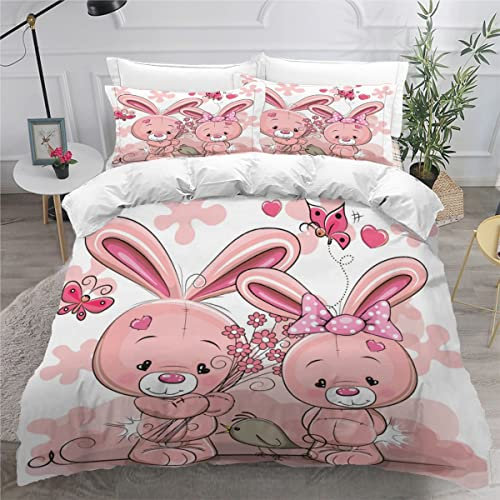 Aolity Bettwäsche 135x200 cm 4teilig Kinder Jungen Mädchen, Bettwäsche Set Rosa Hase Bettbezug Set mit 2 Kissenbezüge 80 x80 cm, Kawaii Tiere Bettwäsche Set 4tlg Flauschig Bettwäsche