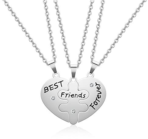 JSDDE Edelstahl BFF Ketten für 3 Puzzel Herz Anhänger Halskette Freundschaftskette mit Gravur Best Friends Forvever Partnerketten Geschenk für Schwester Freund Partner