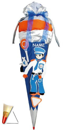 fertig gebastelte Schultüte - Polizei 85 cm - incl. Namen - mit Holzspitze - Zuckertüte Roth - ALLE Größen - 6 eckig Polizist für Jungen Auto blau