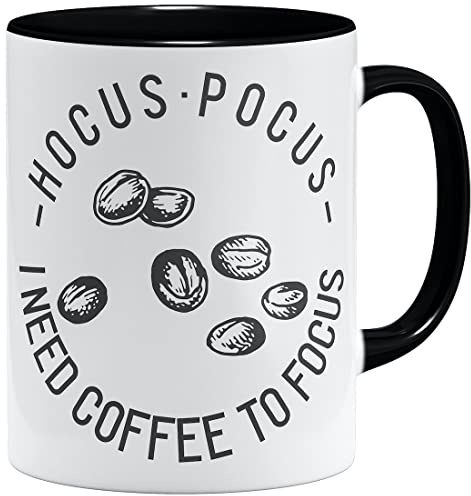OM3® Hocus Pocus I Need Coffee to Focus Tasse mit Spruch Kaffeetrinker - Keramik Becher - 11oz 325ml - Beidseitig Bedruckt - Schwarz