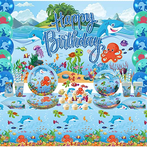 LSJDEER Under the Sea Partyzubehör – Teller, Tassen, Servietten, Tischdecke, Luftballons, Kuchendekoration für Unterwasserwelt-Geburtstagsparty-Dekorationen, für 20 Personen