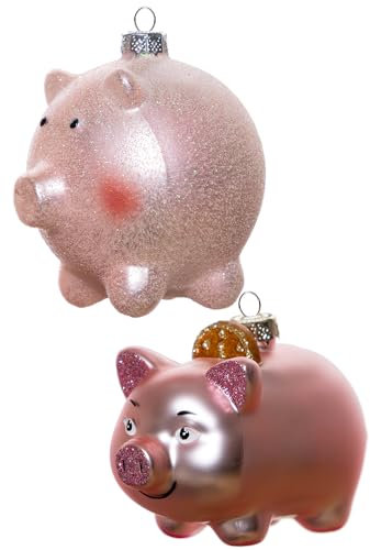 Set mit 2 geblasenen Glasschwein-Ornamenten für Weihnachtsbaum, hängende Glas-Sparschwein-Ornament und niedliches rosa Schwein-Ornament