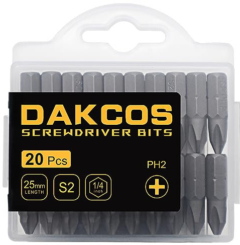 DAKCOS Juego de puntas de destornillador de PH2 Puntas Phillips de 20pc, acero S2 longitud de 25mm