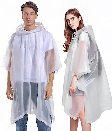 Bosdontek 2 Stück Regenponcho Wiederverwendbar, Regencape mit Kaputze Regenmantel für Erwachsene, Wasserdicht Regenumhang Regenponcho für Damen & Herren, Rain Poncho für Festival Konzert (Weiß)