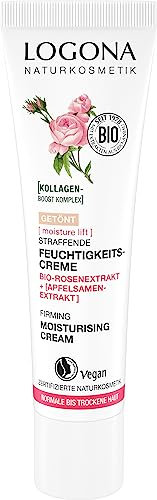 LOGONA Naturkosmetik Crema hidratante tonificada reafirmante, crema facial alisadora para brillo natural, con extracto de rosa orgánico vegano y colágeno, con efecto antienvejecimiento, elevación de