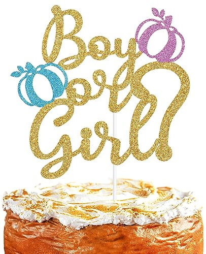 Gold Glitter Pumpkin Boy or Girl Cake Topper, He or She/Pink or Blue We Love You, Pumpkin Themed Gender Reveal/Baby Shower Party Decorations