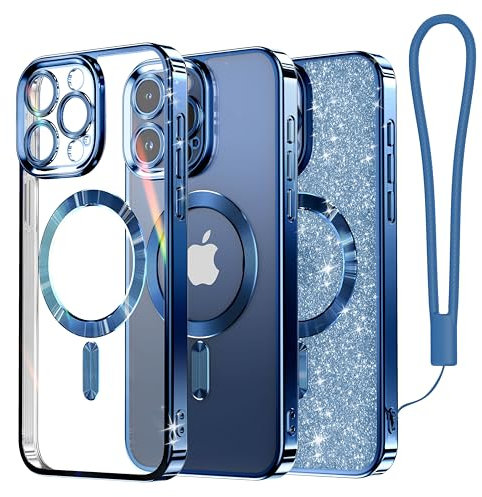 Meifigno Clear Hülle Kompatibel mit iPhone 15 Pro, [Kompatibel mit Magsafe][Glitzer Karte & Handschlaufe] Kameraschutz Transparent Case für iPhone 15 Pro 6,1’’ Frauen Mädchen, Dunkelblau