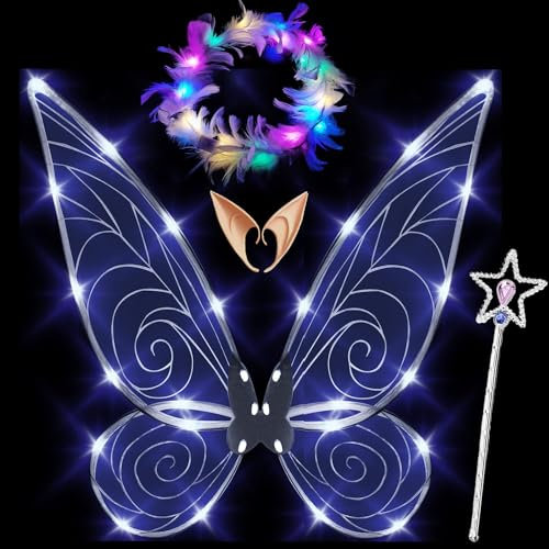 Feenflügel Leuchtend Erwachsene,LED Haarreif and Sterne Feenstäbe,Feenflügel Erwachsene,Elfenflügel Damen,Led Flügel Kinder,Schmetterlingsflügel Kinder,Flügel Kostüm für Fasching oder Feen-Mottopartys