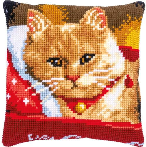 Vervaco Kreuzstich Stickpackungen Kissen Stickerei Set Anfänger Vorgedruckt Katze DIY Set Kreativ Set Für Erwachsene Dekoratives Kissen ca. 40 x 40 cm Bastelset Handwerker Haus Dekoration