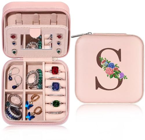 TINGN Personalisierte Schmuckschatulle mit Initiale S und Blume, Klein Schmuckkästchen Reise Schmuckkästchen mit Spiegel für Frauen Mädchen Geschenk für Geburtstag Weihnachten Muttertag Hochzeit