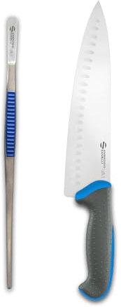 Ambrogio Sanelli, Set Trinciante Cuoco + Pinza da Chef Professionale, Coltello in Acciaio con Lama Alveolata 24 cm, Pinza in Acciaio Inox 30 cm, Inserti in Silicone Blu, HACCP Ready