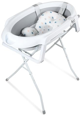Eulenke Bañera plegable para bebés con soporte y termómetro integrado y estructura – Bañera antideslizante portátil para recién nacidos hasta 3 meses – Cojín de apoyo incluido