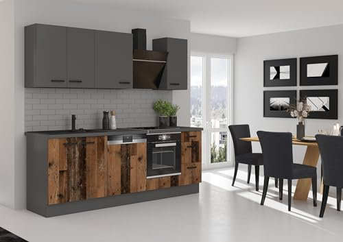 Küche OLD STYLE + NESSA Basic 240 cm Old Wood Optik Küchenzeile Küchenblock