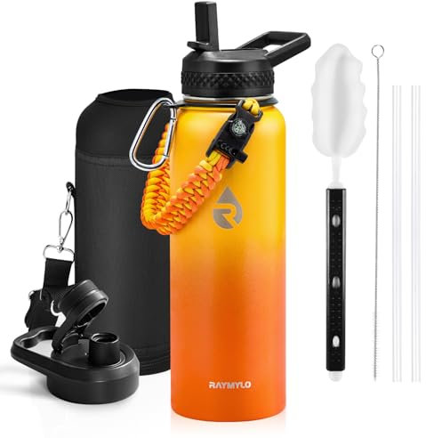 RAYMYLO Insulated Water Bottle 40 oz, Triple Wall Vacuum Stainless Steel (Cold for 48 Hrs), Leak Proof & Non-BPA, Modern Water Flask Jug with Paracord Handle & Straw Spout Lids, Ombre Orange