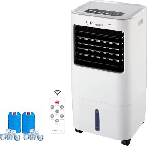 Portable Air Cooler with Remote Control, Powerful Evaporative Cooling Fan, 3-Speed Quiet Oscillation, 7.5-Hour Timer, Large 15L Water Tank with 2 Ice Packs, Energy Efficient for Bedroom, Home & Office