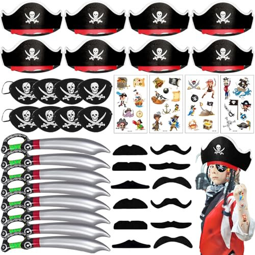 AUNGCSHE 40 Pcs Piraten Deko Kindergeburtstag, Piraten Kindergeburtstag, Piratenkostüm Kinder, Piraten Deko Karneval, Halloween fur 5 6 7 8 9 Jahr Junge Mädchen Kostümparty