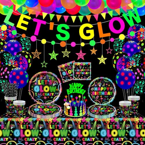 163 Pack leuchtende Neon Party Zubehör Neon Geburtstag Party Dekorationen leuchtende Party Geschirr Set einschließlich Teller Banner Ballons Servietten Tischdecken Neon Thema Party Zubehör dient 40