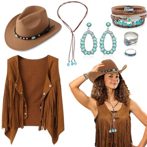 7Pcs Western Cowgirl Costume Set, 70s Hippie Fancy Dress Accessories for Women with Tassel Vest Cowgirl Hat Bohemian Turquoise Necklace Earrings Rings Bracelets for Cosplay Carnival Halloween