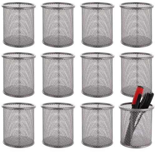 LOLYSIC 12 Pack Metal Pen Pots Mesh Pen Holders Pencil Pots for Desk Pencil Holders for Classroom Office, Silver