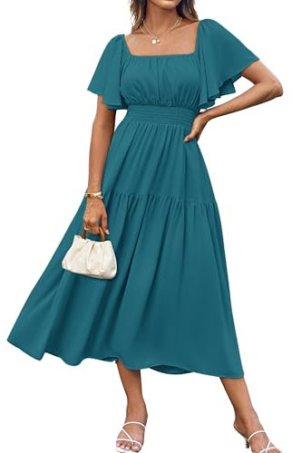 GRACE KARIN Women's Summer Peplum Dresses Ruffle Sleeve Square Neck Smocked A-Line Maxi Dress Peacock Blue S