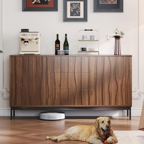 LLODERY Dunkelbraunes Vintage Sideboard, Kommode mit 2 Türen und 3 Schubladen. Küchenschrank/Buffet mit verstellbaren Trennwänden. Aufbewahrungsschrank für Wohnzimmer, Esszimmer, Flur oder Büro.