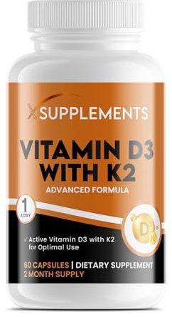 X Supplements Vitamin D3 5000 IU with K2 100μg | 1-A-Day | 60 High Strength Vitamin D Tablets | MK-7 Menaquinone | Vitamin D3 | Bone, Immune & Heart Support | Supplements for Adults