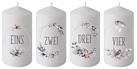 wolga-kreativ moderne bedruckte Adventskerzen Kerzen mit Zahlen Rahmen Hirsch Wald Fuchs Hase Stumpenkerze-n Adventsset als Geschenk oder für eigenen Adventskranz