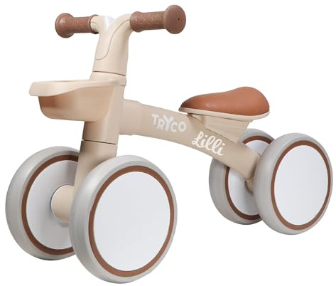 Mainely Personalisierbares Laufrad (Beige) – Lernrad mit Korb, leicht & kippsicher – Verstellbarer Sitz, leise rutschfeste Räder – für Mädchen & Jungen ab 1 Jahr – personalisiert mit Namen – Tryco