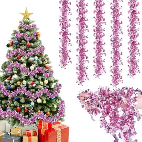 Joxessaien Lametta Weihnachtsbaum 8 Stück × 2 m – Weihnachtsgirlande 16 m Weihnachtsdeko Feine Lametta Girlande mit Glocken – Christbaum Deko für Innen & Außen (Hellrosa)