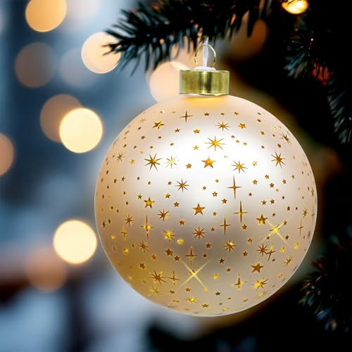LED Glas Weihnachtskugel Champagner 12 cm zum Hängen mit Timer | Sterne Motiv soft gold beleuchtet, batteriebetrieben, Dekokugel, Weihnachten Advent Deko