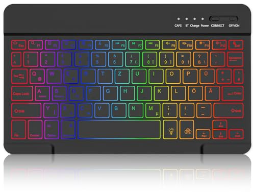 MMK Bluetooth Tastatur für iOS, Android and Windows, 7 Farben Beleuchtete | Portable Wireless Bluetooth Keyboard für iPad, iPhone, Samsung, Lenovo, Huawei, Schwarz