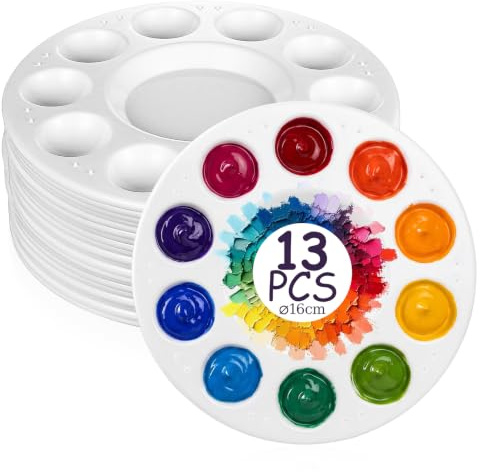 13 Stück runde Kunststoff‑Malschalen, Ø 8 cm, Mischpalette | 10 Farbflächen zum einfachen Mischen von Farben, geeignet für Aquarell, Acryl, Ölmalerei und Handarbeiten